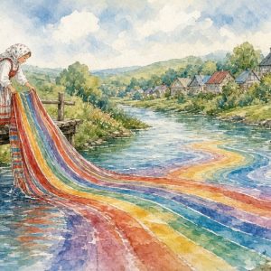 Девочка полощет полосатый палас в речке