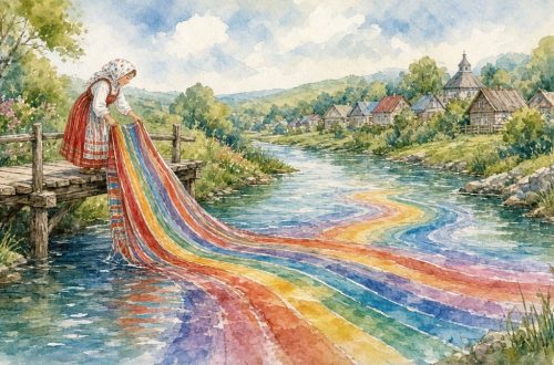 Девочка полощет полосатый палас в речке