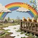 Солнце выглядывает из-за тучи над деревенским крыльцом, на перилах лежат печёные жаворонки