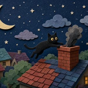 Чёрный кот прыгает в дымоход ночью