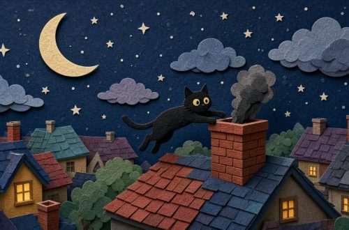 Чёрный кот прыгает в дымоход ночью