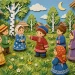 Дети в народных костюмах стоят в кругу во дворе и считаются считалкой