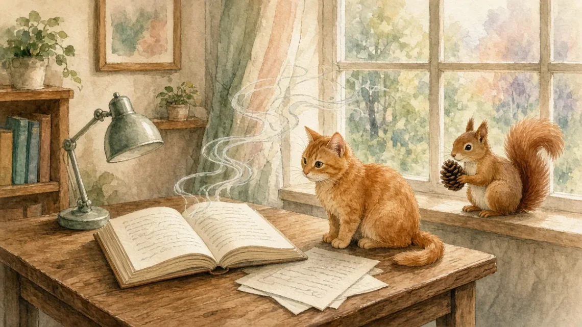 Акварель: рыжий кот у раскрытой книги на столе и белка с шишкой на подоконнике