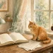Акварель: рыжий кот у раскрытой книги на столе и белка с шишкой на подоконнике