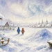 Зимний двор с сугробами, санками и блинами, иллюстрация к закличкам зимы
