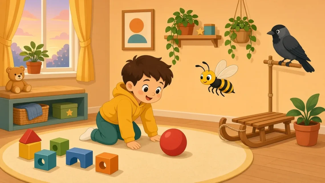 Малыш 5-6 лет играет с мячом в детской комнате рядом с санками, осой и галкой