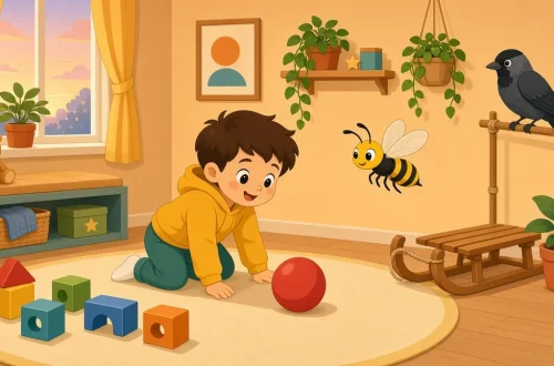 Малыш 5-6 лет играет с мячом в детской комнате рядом с санками, осой и галкой