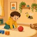 Малыш 5-6 лет играет с мячом в детской комнате рядом с санками, осой и галкой