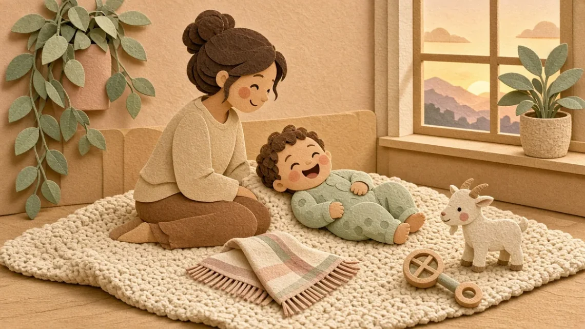 Мама на пледе играет с малышом, рядом платок и игрушечная коза