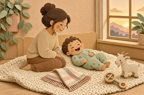 Мама на пледе играет с малышом, рядом платок и игрушечная коза