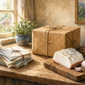 Посылка, шмат сала и чёрный хлеб на деревенском столе