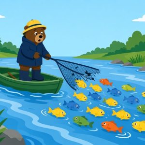 Медведь-рыболов в лодке, а весь улов уплывает в реку