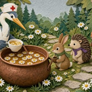 Цапля-врач черпает ромашковый чай из чана