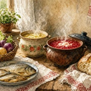 Деревенский стол со щами, борщом, овощами и лещами