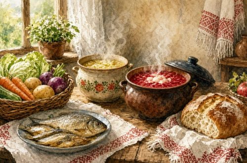Деревенский стол со щами, борщом, овощами и лещами