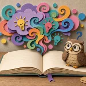 Задумчивая сова над книгой и вихрем запутанных мыслей