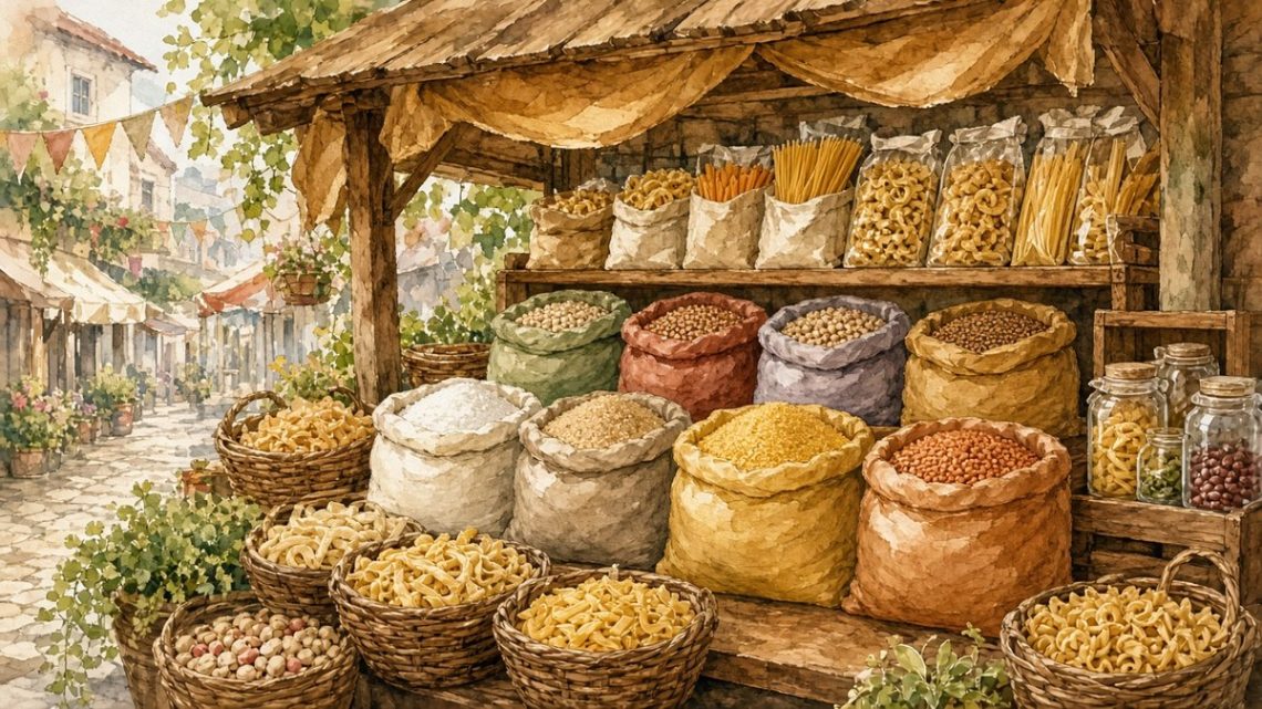 Прилавок с сухими продуктами на рынке