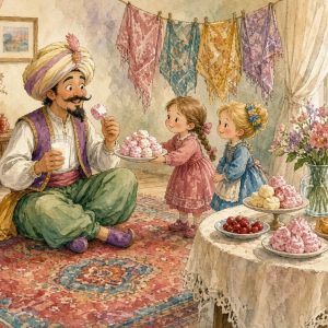 Мальчик крадётся от мешка с кишмишем, рядом мышь